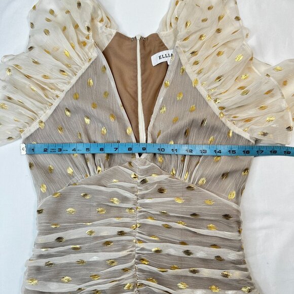 ELLIATT Marta Dress Sheer Ruched Mini Dots Ivory Metallic Gold Cocktail Small - Picture 7 of 14